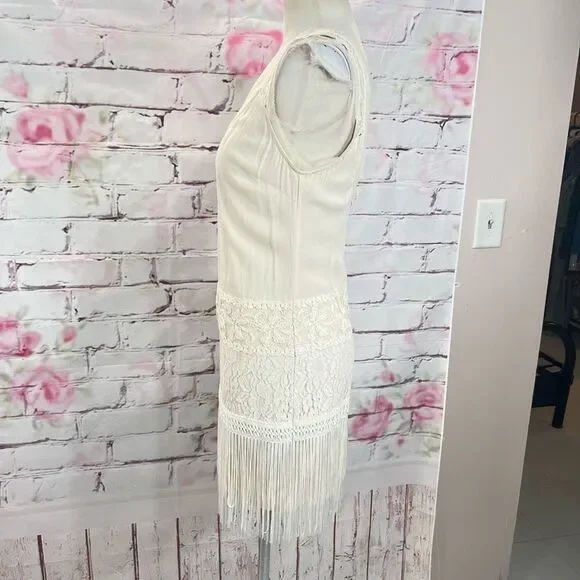 Ark & Co Women's Lace Fringe Cream Chiffon Sleeveless Mini Shift Dress Size S - Picture 10 of 14